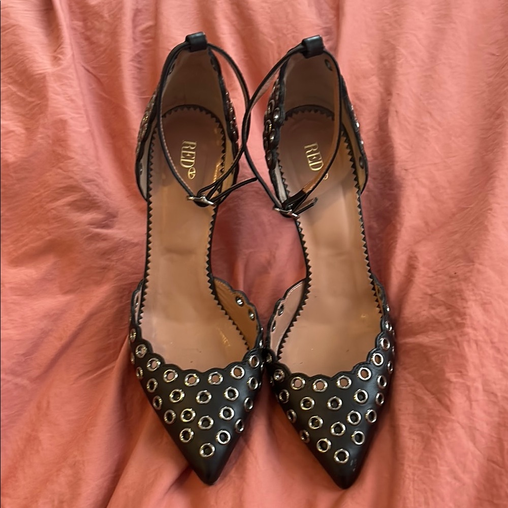 Valentino Red Black Heels with Pointed Toe and Decorative Studs